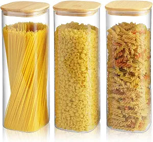 Glass Spaghetti Pasta Storage Container - 3 Pack 2.5 QT Airtight Food Storage Jar Set with Bamboo Lid Labels -Tall Square Kitchen Pantry Canister Organizers for Noodle Cookies Flour Cereal Coffee Bean