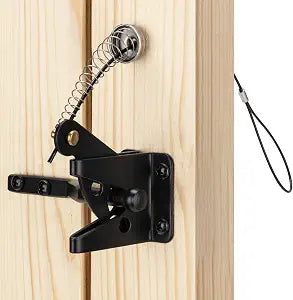 Self Locking Gate Latch with Spring Cable Pull for Wooden Fence Heavy Duty, Gravity Lever Fence Gate Latches for Outdoor Secure Pool Garden Shed, Black Finish, 1 Pack
