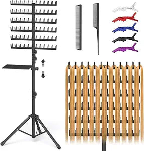 Hemndic Braiding Hair Rack with Tray, 2-sided 144 Pegs, Heavy Duty Braiding Rack Stand for Hair, Height Adjustable Standing Hair Extension Holder with Storage Bag & Braiding Accessories