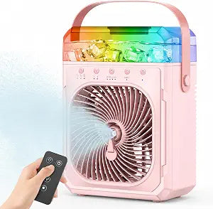 Rechargeable Misting Fan PortableMax 40H Runtime,Desk Cooling Air Conditioner Fan 5 Drop,Water Spray Mister Fan & 2 Spray Modes, Battery Powered Operated Bedroom Fan & Lights, Remote Control, Pink