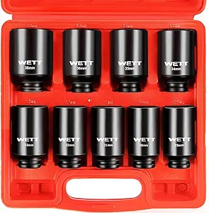WETT 1/2" Drive Deep Large Impact Socket Set, 9-Piece Spindle Axle Nut Metric 6 Point Sockets Set, CR-V, 29mm-38mm