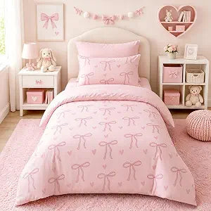 Bowknot Twin Comforter Set,Pink Bedding Set 2Pcs with Heart Pattern
