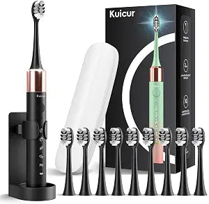 Kuicur Electric Toothbrush for Adults and Kids, Comes with 10 Brush Heads & Travel Case, 5 Modes with 2 Minutes Built in Smart Timer, One Charge for 90 Days, 42,000 VPM Motor (Black)