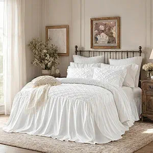 Ruffle Skirt Bedspread Set Flower Style - 30" Long Drop - Vintage Chic Ruffled Summer Bed Spreads Quilt Coverlet Boho Bedding Farmhouse Style Luxurious Rustic 3 Piece Set King Size White