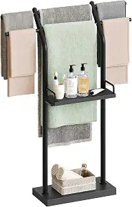 YATINEY Free Standing Towel Rack, Taller Double-T Shape Bath Sheet Holder for Bathroom, Floor Blanket Holder Stand with Weighted Base, 4-Tier Towel Storage Rack, for Living Room, Balcony, Black CJ20BB