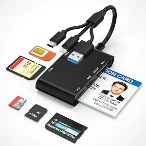 Military CAC & Government PIV Card Reader with USB-C/USB-A/Lightning 7-in-1 CAC/PIV Identity Reader, SIM Card Reader, SD/TF/Memory Stick Pro Duo/M2/MMC Adapter, for iPhone Android Mac iPad Laptop PC