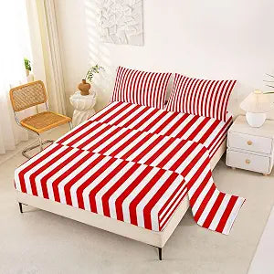 Homewish Red and White Striped Bedding Sets Full Size,Geometric Stripes Bed Sheet 4Pcs for Kids Girls Boys Teens Room Decor,Modern Lines Fitted Sheets Soft Comfy Top Flat Sheet,2 Pillowcases