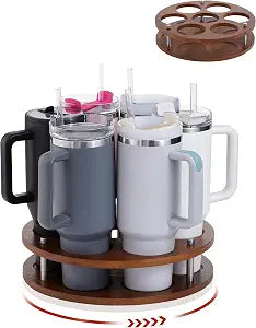 Rotating Wood Tumbler Organizer, 30 oz 40 oz Spinning Turnable Tumblers Holder, 360 Rotatable 7 Large Cups Bottle Tumbler Storage Display Stand, Rotate Syrup Organizer for Cabinet Countertop