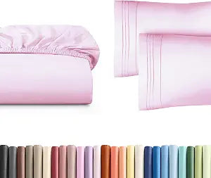 Full Size Fitted Bed Sheet + 2 Pillowcases Bundle - Hotel Luxury Single Fitted Bottom Sheet Only - Fits Mattress w/ Deep Pockets Between 8 to 16 inches - Soft, Breathable & Wrinkle Free - Light Pink