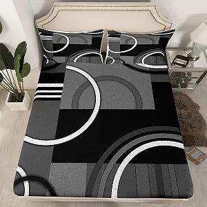 Retro Circle Stripes Fitted Sheet Queen Size Black Gray White Grid Bedding Set Lines Sheet Set,Modern Simple Bed Cover Ultra Soft Breathable Bedspread 3 Pcs for Kids Teens Boys