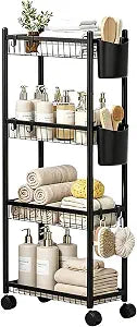 Slim Rolling Storage Cart, 4-Tier Utility Cart with Wheels, Black