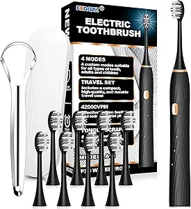 FXQQZZ Electric Toothbrush for Adults and Kids, with Tongue Scraper and Travel Case, 8 Brush Head, Smart Timer & 4 Modes Rechargeable Toothbrush, 42000 VPM Deep Clean, One Charge Last 90 Days - Black