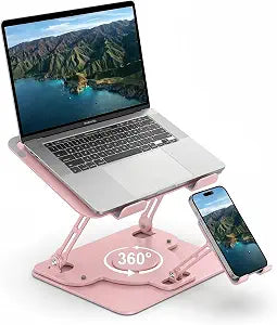 Laptop Stand for Desk,Adjustable Computer Stand with 360 Rotating Base,2-in-1 Laptop Stands with Phone Holder,Ergonomic Laptop Riser for Collaborative Work,fits for All 10-16" Laptops (Pink)