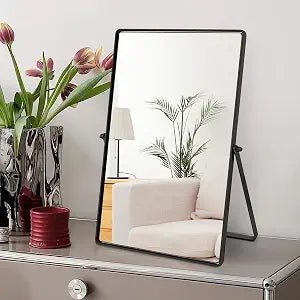 Desktop Makeup Mirror with Black Metal Standing 90 Rotation Vanity Table Mirror Portable Cosmetic Mirror for Dressing Room Bedroom Bathroom Rectangle