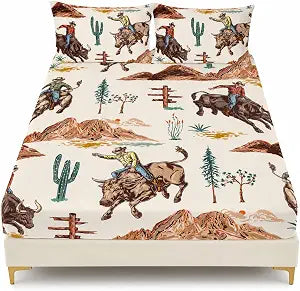 AILONEN Western Cowboy Horse Bed Sheet Set for Girls,Boys, Twin Size,Farmhouse Style Fitted Sheet Set for Gift,Tropical Cactus Plants 3Pcs Bedding Set for All Season,1 Sheet Set+ 2 Pilloowcases