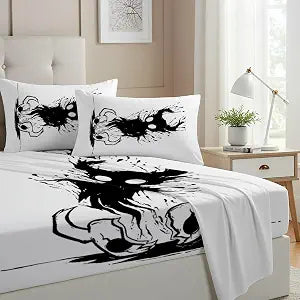 Allenjoy Twin Size Shadowy Creature Rising Fitted Sheet Broken Mask Figure Bed Flat Sheets Bedding Set Deep Pockets Up to 16" Bedroom Decor with 1 Pillowcase SC00825-009