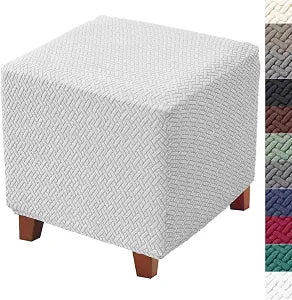 Ottoman Cover Jacquard Stretch Square Slipcover Thick Folding Storage Cover Footstool Protector With Elastic Bottom for Living Room S White