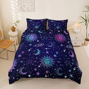 Castle Fairy Blue Universe Comforter Cover Sets King Sun Moon Stars Print Duvet Set Teens Youngs Galaxy Space Theme 3 Pieces Bedding Sets(1 Duvet Cover 2 Pillow Cases),No Comforter