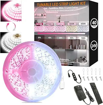 Pink & White LED Strip Light Kit for Bedroom, 40 Ft LED Lights Strip, 24V Dual Tunable Rope Light with Dimming & Color Temperature Adjustment for Living Room, Mirror, Home Lighting