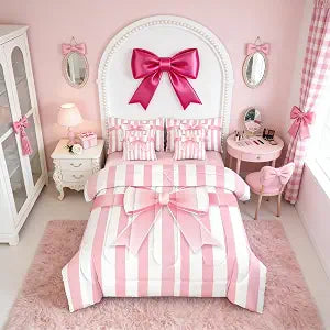Erosebridal Pink Bowknot Bedding Set Full, Kawaii Ribbon Bow 7-Piece