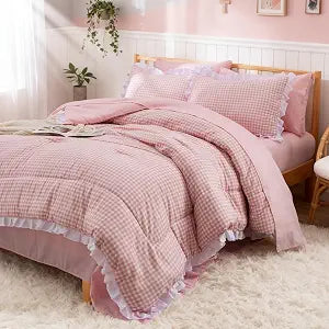 A Nice Night Pink Plaid Ruffle Comforter Sets 5Pcs,Full