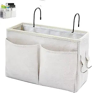 Bedside Caddy Organizer - Bedside Hanging Storage Bag with Hooks, Dorm Essentials Caddy for Bunk Bed & Dorm Bed Rails, Holds Books, Phones, Tablets, Glasses, Magazines & More (White)