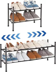 STORAGE MANIAC Expandable Shoe Rack for Closet, 8 Pairs Stackable Small Shoe Rack, Metal Adjustable Shoes Organizer for Entryway, Hallway, Garage, Front Door, Shoes Shelves, Black 2 Tier