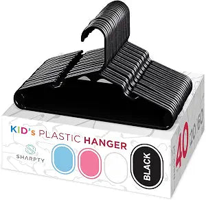 Sharpty Kids Plastic Hangers, Children's Hangers for Baby, Toddler, and Child Clothes - Everyday Standard Use - Ideal for Boys and Girls Closet, Clothing, Pants, Coats, and More - Black, 40 Pack
