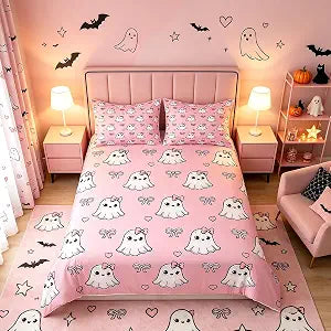 Cute Ghosts Duvet Cover Set Full Size, Pink Bowknot Hearts Print Comforter Cover, Halloween Ghosts Bow Tie Bedding Set for Kids Girls, Lightweight Bedspread Cover,2 Pillowcases,No Comforter, Pink