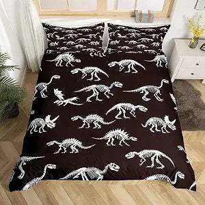 Dinosaur Skeleton Duvet Cover Queen Size Dinosaur Bones Comforter Cover with 2 Pillowcase for Teens Kids Ancient Animals Bedding Set Black and White Breathable 3 Pcs Decorative Bed Cover(No Comforter)
