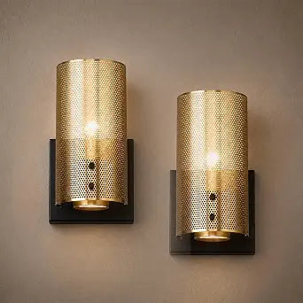 Hamilyeah Industrial Wall Sconces Set of Two, Vintage Brass Gold Sconces Wall Lighting Fixture with Grid Mesh Shade, Indoor Hardwired Wall Sconces for Bedroom Home Theater Bathroom