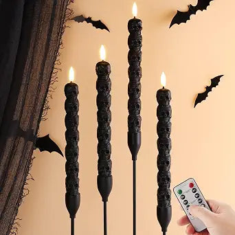 Eywamage Black Skull Halloween Flameless Taper Candles with Remote Set of 4