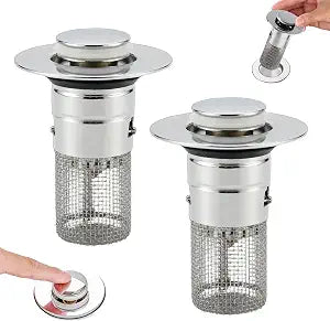 2PCS Pop Up Bathroom Sink Drain Strainer with Removable Stainless Steel Hair Catcher Basket