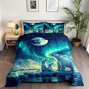 Aurora Kids Toddler Comforter Sets,Polar Bear Arctic Animals Reversible Bedding Set for Boys Men Children,Dreamy Galaxy Sky 2 Pieces Quilt Sets,Mystery Moon Sky Duvet Insert,1 Pillow Case
