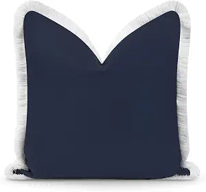 Hofdeco Premium Coastal Hampton Style Patio Outdoor Performance Pillow Cover Only, 20"x20" Water Repellent, UV and Fade Resistant for Backyard, Couch, Dark Navy Blue Solid with Fringe