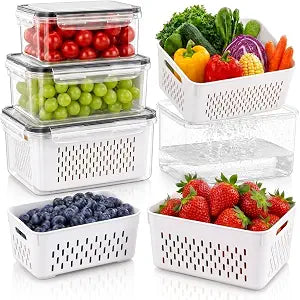 Fruit Storage Containers for Fridge with Lids, Fridge Organizers and Storage Produce Saver Box with Removable Drain Basket for Fruit Berry Salad Vegetable Meat, 380ml to 3150ml (4 Pack)