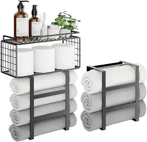 Towel Racks for Bathroom, 32inch Metal Wall Mounted Towel Holder with Storage Basket & Floating Shelf, Towel Storage for Bathroom, Laundry, RV