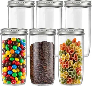 24 OZ Mason Jars Wide Mouth with Airght Lids, 24OZ Tall Glass Storage Canning Jar, Safe Preserving Food or Pickle, Pack of 6