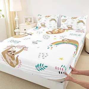Homewish Cute Sloth Fitted Sheet Twin Size Lovely Animal Bed Cover Cartoon Rainbow Cloud Print Bedding Set 2pcs for Kids Boys Girls Room Decorm, Soft Lightweight Bed Sheet Set with 1 Pillowcase