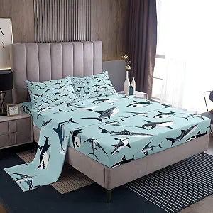 Shark Pattern Sheet Set Kids Boys Girls Cartoon Sharks Fitted Sheets Set Full Size Sea Animals Bedding Sheet Sets Includes 1 Flat Sheet,1 Fitted Sheet,2 Pillowcases