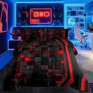 Feelyou Red and Black Duvet Quilt Twin Size Geometric Bedding Set for Boys
