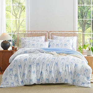 CCoutueChen Blue Bow Comforter Set Twin 2Pcs Blue Floral Bedding Set for Girls Kids Romantic Princess Style Bowknot Bedding Ultra Soft Reversible Garden Flower Comforter Sets with 1 Pillowcase