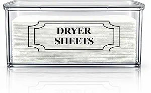 SSTATES Clear Acrylic Dryer Sheets Holder, Flip-top Laundry Pods Container with 2 Label Decals for Laundry Room Organization and Dcor, Stackable Storage Box (1 Pc)