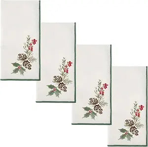 Karma, Merrowed Edge Cloth Dinner Napkins, Set of 4 Soft Reusable Fabric Napkins with Autumn Botanical Design for Thanksgiving, Harvest & Everyday Dining, Pinecone