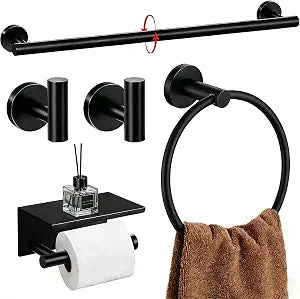 5-Piece Bathroom Hardware Set, Matte Black Bathroom Accessories Set with 24" Towel Bar, Toilet Paper Holder with Shelf, SUS 304 Stainless Steel Bath Hardware Set, Towel Rack for Bathroom