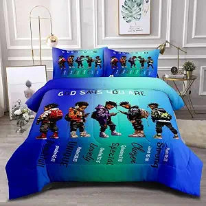 Black Comforter Set for Kids Teens Twin, Cute African American Boy Bedding, Afro Melanin God Says I Am Christian Bedroom Set 3 Pcs With 2 Pillowcases