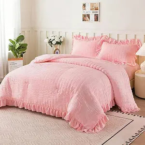 NTBED Pink Girls Seersucker Comforter Set for Kids, Soft Chic Farmhouse Ruffles Bedding Sets,5 Pieces Princess Queen Bed in a Bag