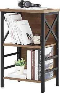 MNEETRUNG Small Bookshelf, 3 Tier Industrial Shelf with Metal Frame and Backboard, Low Rustic Brown Book Shelf, Small Bookcase for Small Spaces,Bookshelf for Living Room, Bedroom & Home Office