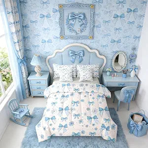 Erosebridal Blue Bow Full Bedding Set for Girls, 7 Pcs Coquette Bows Comforter Set for Kids Women, Trendy Bowknot Princess Bed in A Bag with Sheets, Modern Aesthetic Girly Cute Daisy Floral Bed Sets