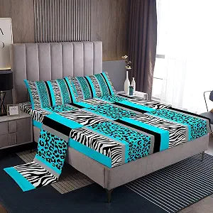 Feelyou Zebra Stripes Bed Sheets Set Full, Leopard Sheet Set Teel Blue Black White Zebra Leopard Fur Sheets with Deep Pocket Fitted Sheet for Kids Boys Girls Wild Animal Bedding Set Soft Bed Set 4Pcs